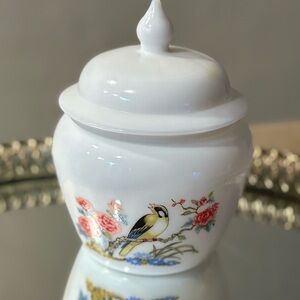 Vintage Avon Milk Glass Ginger Jar With Lid, Goldfinch Bird With Flowers, 6”